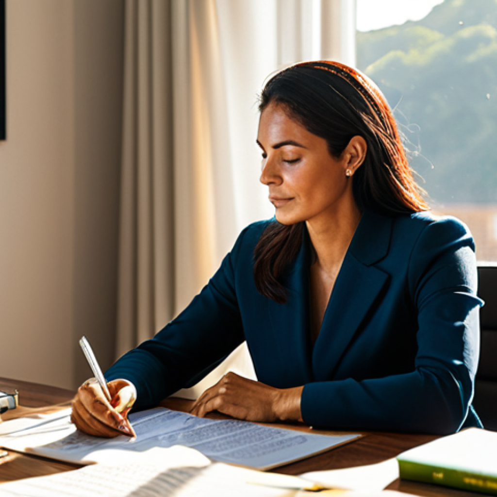 Values & Purpose**
Prompt: A professional Brazilian woman, mid-career, sitting thoughtfully at a modern desk. Sunlight streams through a window. She's surrounded by inspirational books and a vision board displaying positive affirmations. Fully clothed in modest, professional attire. Safe for work, appropriate content, perfect anatomy, natural proportions, professional lighting, family-friendly.
**