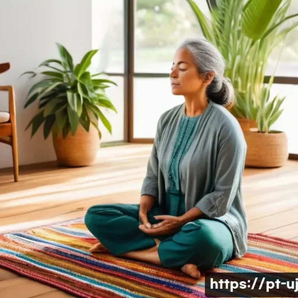 회복탄력성을 높이는 멘탈 훈련법 - A serene and cozy indoor scene featuring a middle-aged Brazilian woman practicing mindfulness medita...