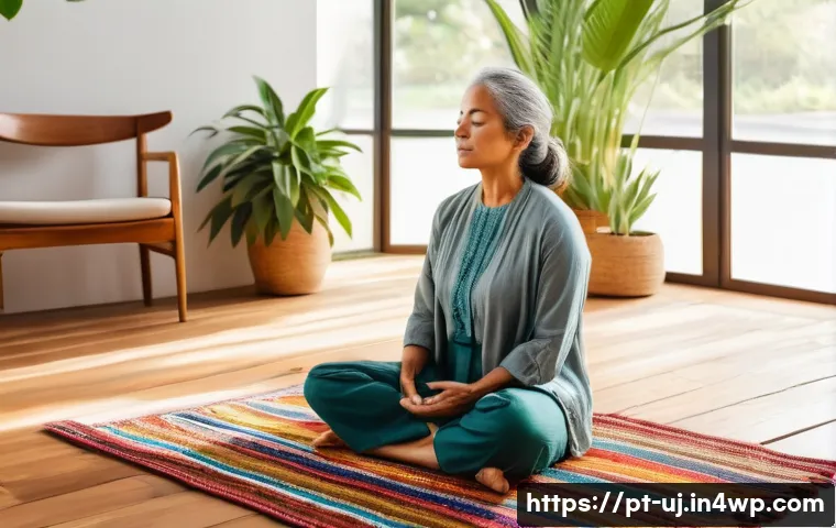 회복탄력성을 높이는 멘탈 훈련법 - A serene and cozy indoor scene featuring a middle-aged Brazilian woman practicing mindfulness medita...