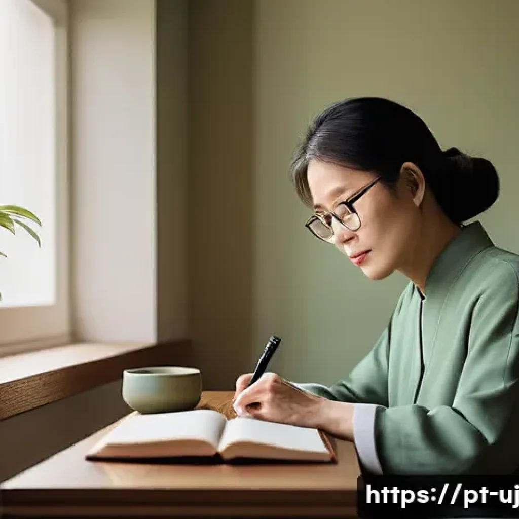 회복탄력성을 위한 복습과 반성 기법 - A serene home office scene at sunset featuring a middle-aged South Korean professional woman sitting...