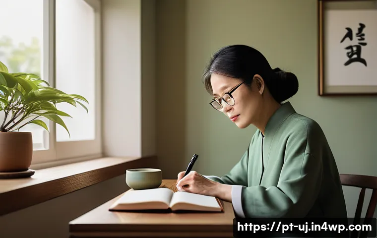 회복탄력성을 위한 복습과 반성 기법 - A serene home office scene at sunset featuring a middle-aged South Korean professional woman sitting...