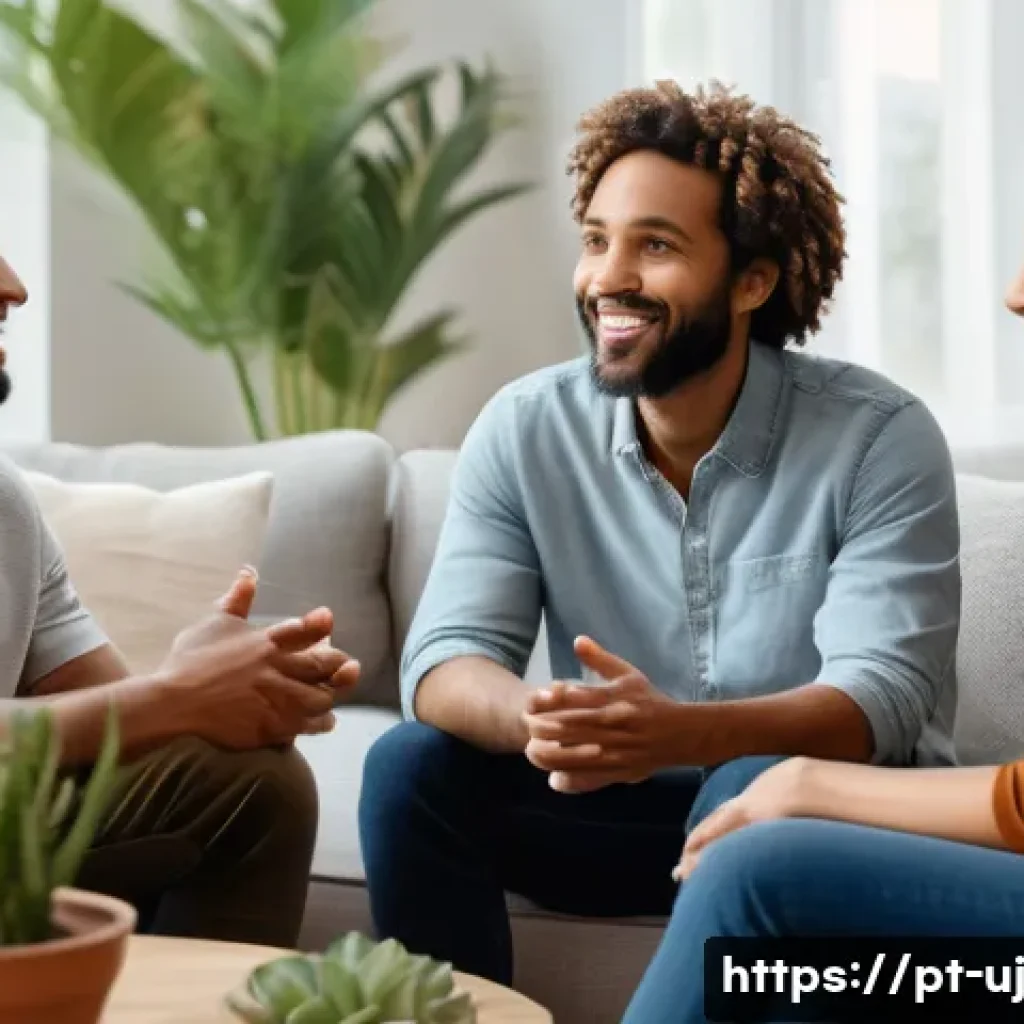 회복탄력성 강화를 위한 그룹 활동 - A warm and inviting small group of diverse adults seated in a cozy living room with soft natural lig...