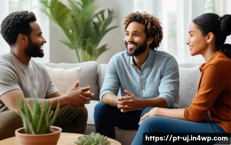 회복탄력성 강화를 위한 그룹 활동 - A warm and inviting small group of diverse adults seated in a cozy living room with soft natural lig...