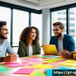 Home 22 회복탄력성을 높이는 창의적 문제 해결법 - A diverse group of Brazilian professionals in a modern office setting, engaging in a lively brainsto...