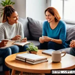 Home 21 회복탄력성을 위한 자원 관리 방법 - A diverse group of adults gathered in a cozy living room, engaging in an open and supportive convers...