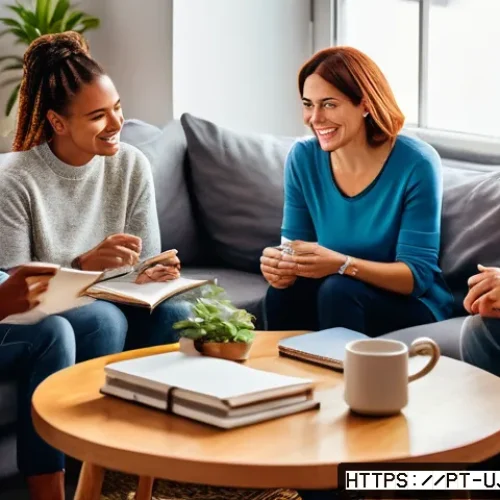 Home 33 회복탄력성을 위한 자원 관리 방법 - A diverse group of adults gathered in a cozy living room, engaging in an open and supportive convers...