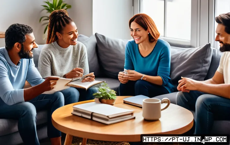 회복탄력성을 위한 자원 관리 방법 - A diverse group of adults gathered in a cozy living room, engaging in an open and supportive convers...