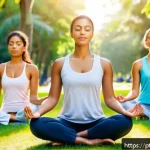 Home 19 회복탄력성을 위한 코칭 기법 - A diverse group of adults practicing mindfulness meditation outdoors in a sunny urban park in Brazil...