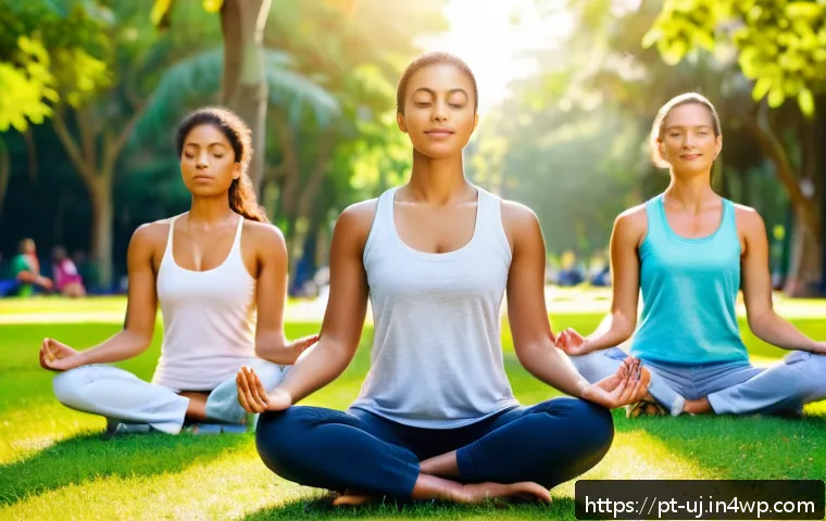 회복탄력성을 위한 코칭 기법 - A diverse group of adults practicing mindfulness meditation outdoors in a sunny urban park in Brazil...
