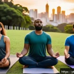 Home 18 변화에 적응하는 회복탄력성 훈련 - A diverse group of adults practicing mindfulness meditation together in a serene urban park setting ...