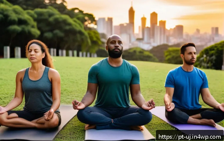 변화에 적응하는 회복탄력성 훈련 - A diverse group of adults practicing mindfulness meditation together in a serene urban park setting ...