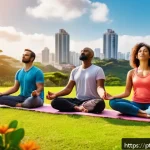 Home 23 회복탄력성을 높이는 개인적 가치 정립 - A serene scene of a diverse group of adults engaged in a mindful meditation session in a sunny urban...