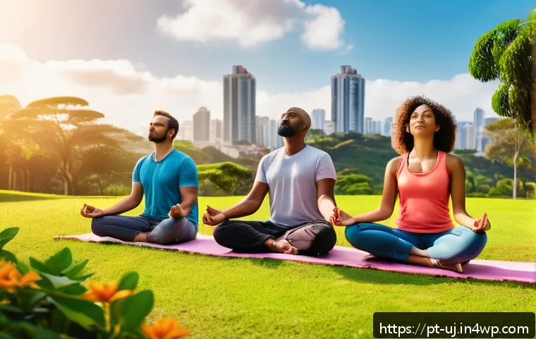회복탄력성을 높이는 개인적 가치 정립 - A serene scene of a diverse group of adults engaged in a mindful meditation session in a sunny urban...