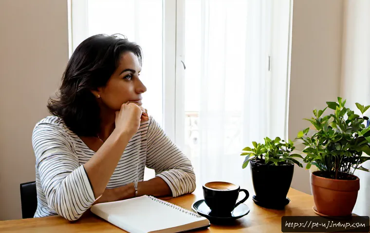 Home 17 회복탄력성을 높일 수 있는 자기 반성 기법 - Photorealistic morning self-reflection scene in a bright Lisbon apartment, a thoughtful Portuguese w...
